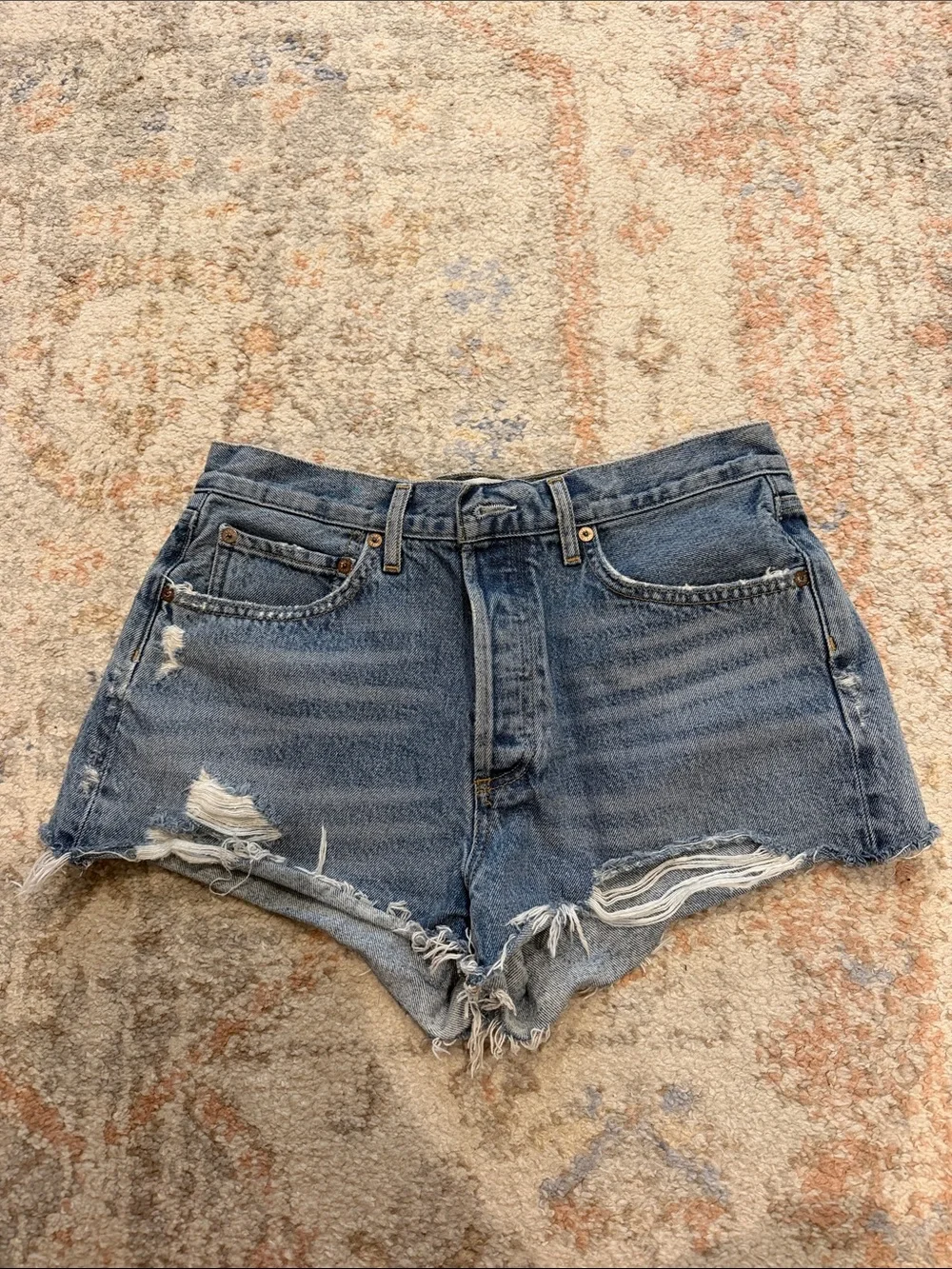 High-Rise Distressed Denim Shorts - Blue